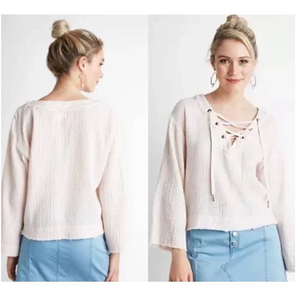 Cloth & Stone Lace Up Gauzy Top Women's S Blush Pink Cotton Long Sleeve Coastal - Picture 1 of 6
